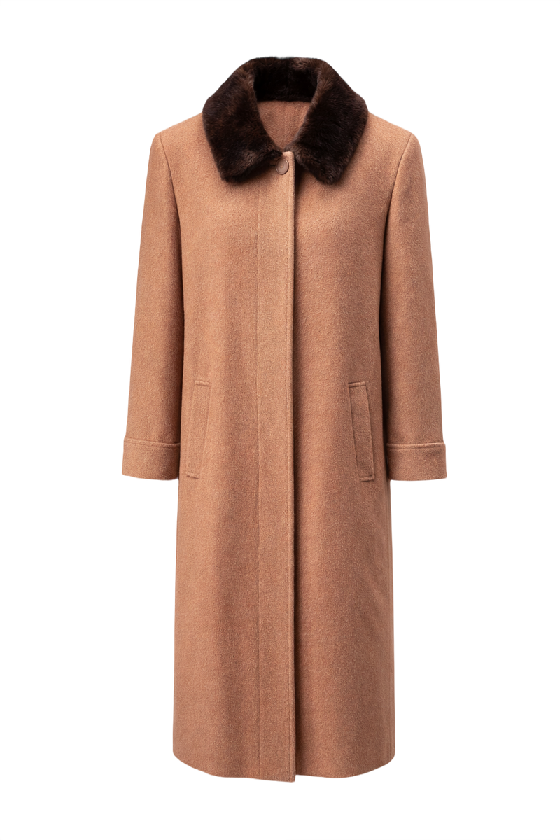 1970s Camel Wool Coat with Fur Collar - Front View