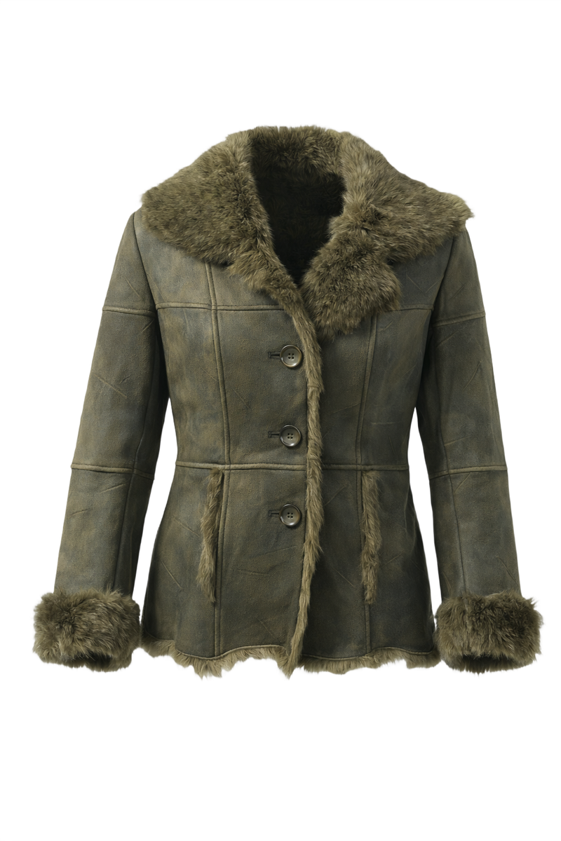 1990s Olive Green Faux Suede Jacket - Front View