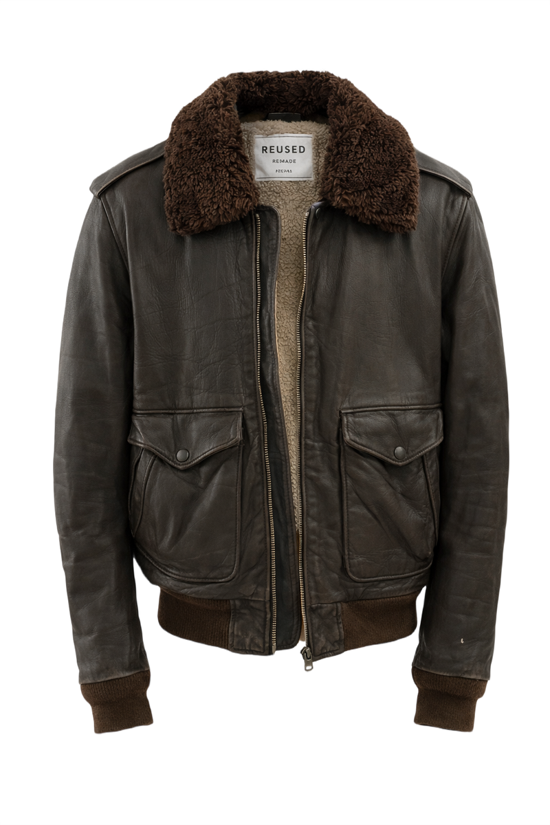1960s Dark Brown Leather Bomber Jacket - Front View