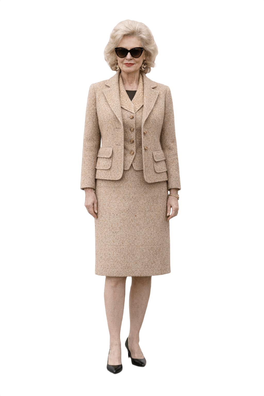 1980s Beige Wool Blazer + Skirt Suit - Model