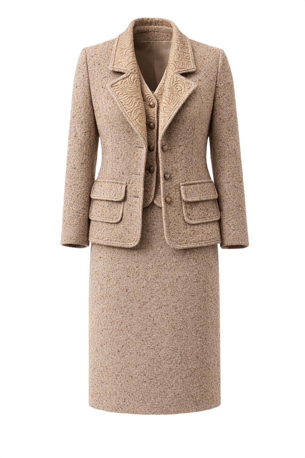 1980s Beige Wool Blazer + Skirt Suit - Front View
