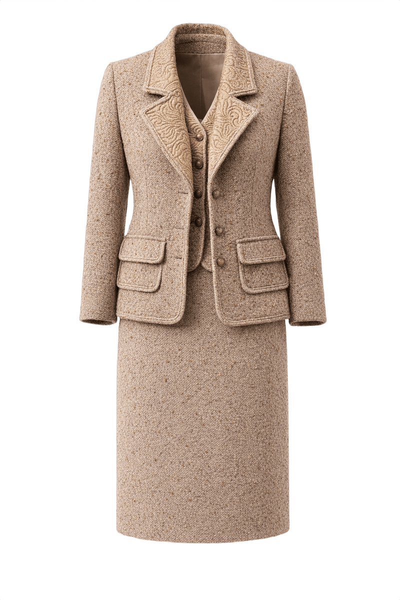 1980s Beige Wool Blazer + Skirt Suit - Front View