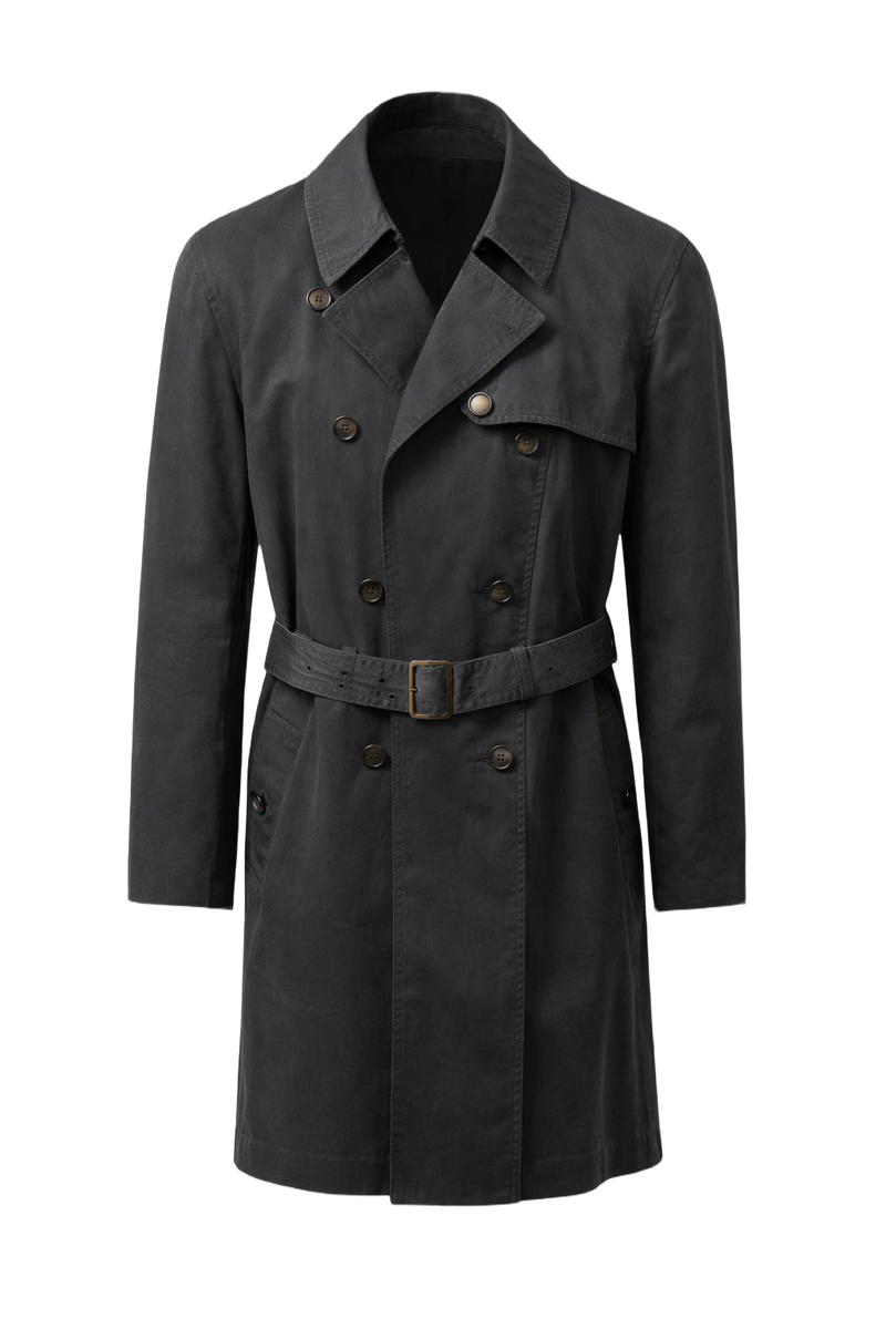1990s Dark Grey Cotton Trench Coat - Front View