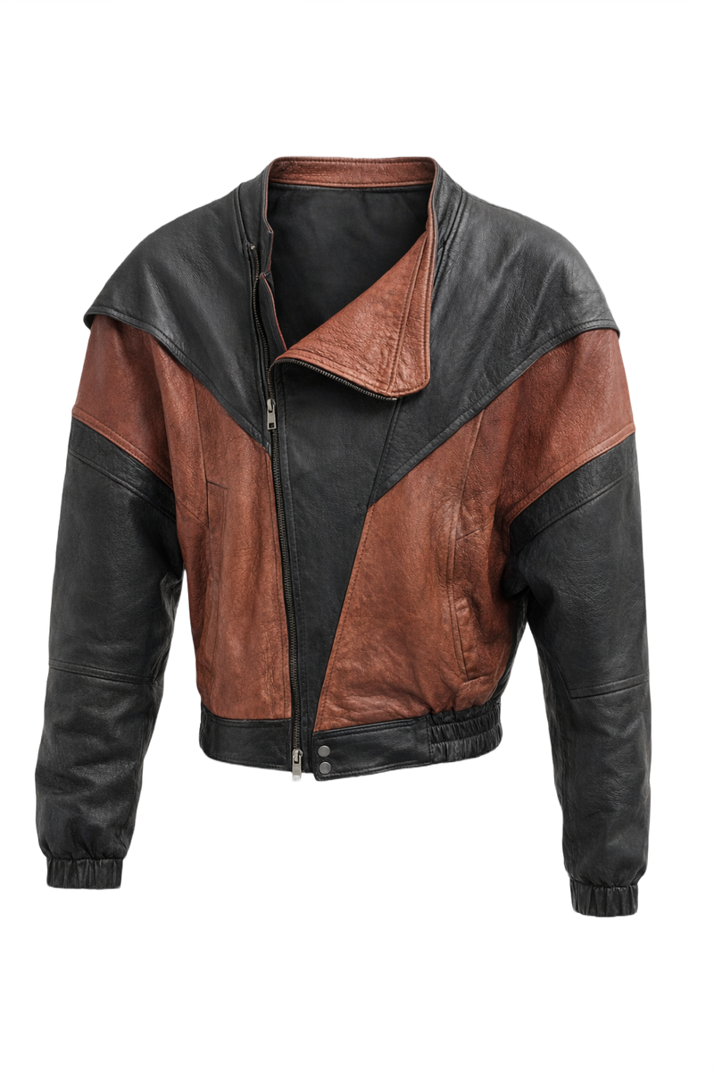 1990s Black Brown Leather Jacket - Front View