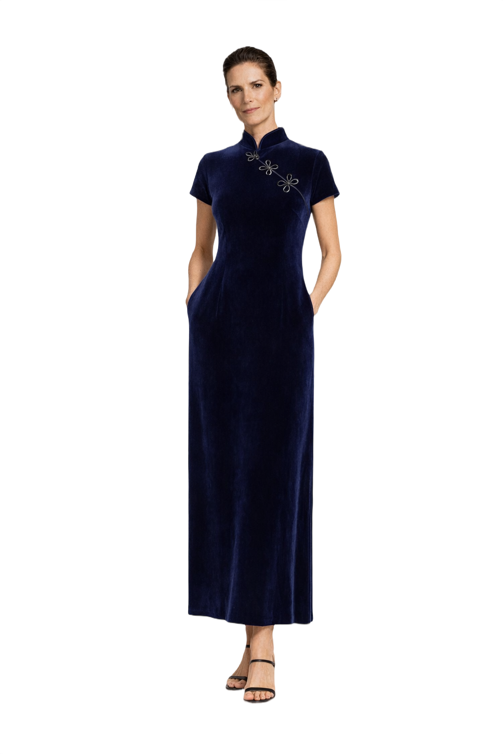 1990s Navy Blue Velvet Dress - Model