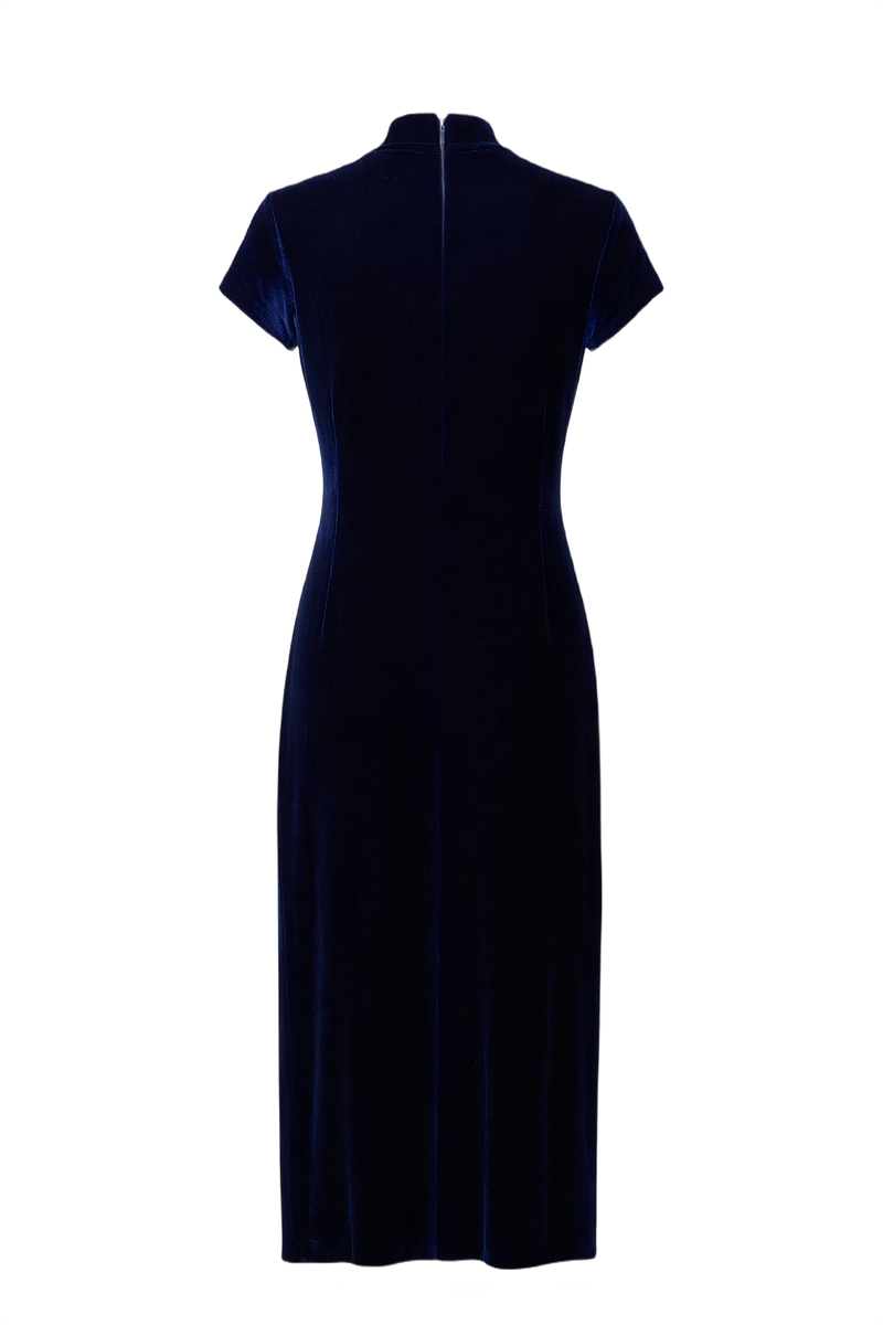 1990s Navy Blue Velvet Dress - Back View