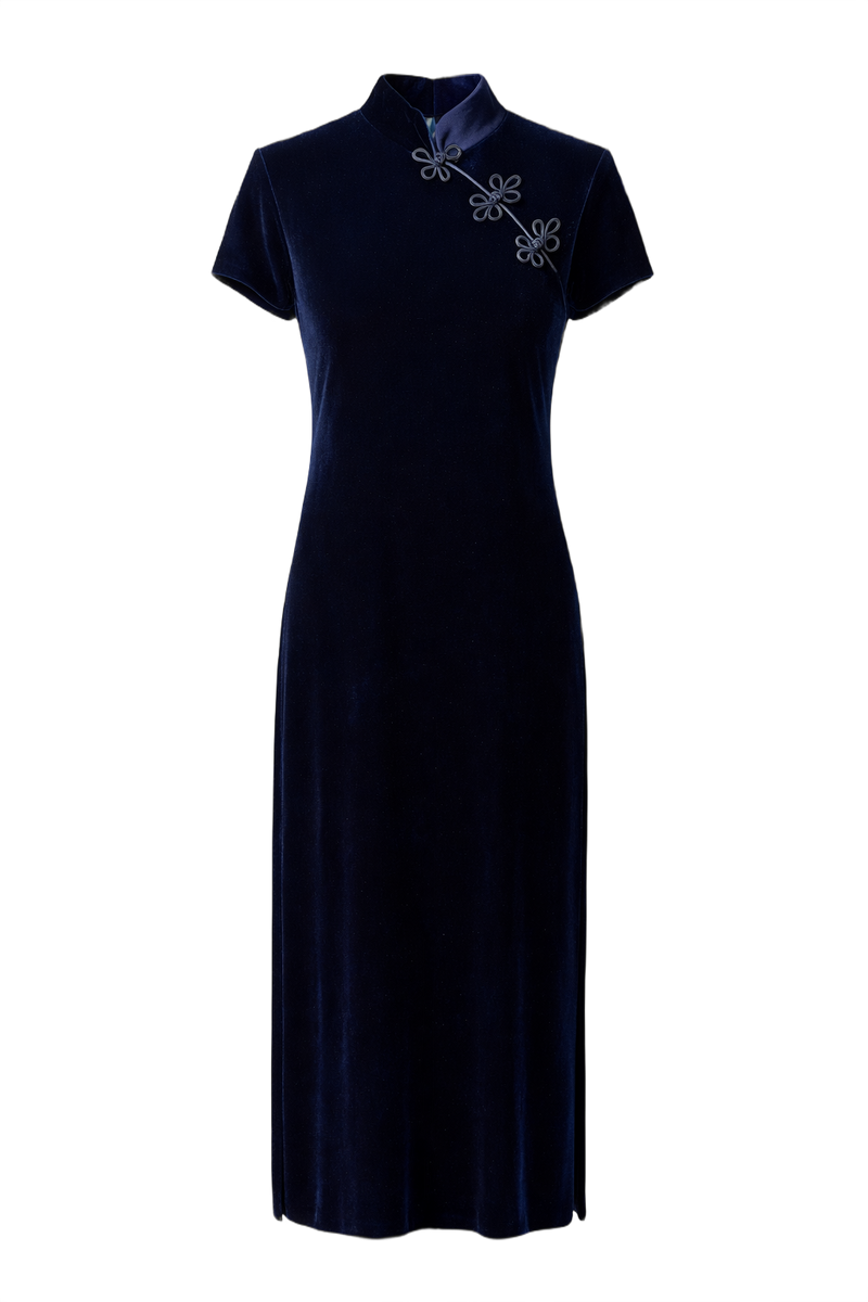 1990s Navy Blue Velvet Dress - Front View