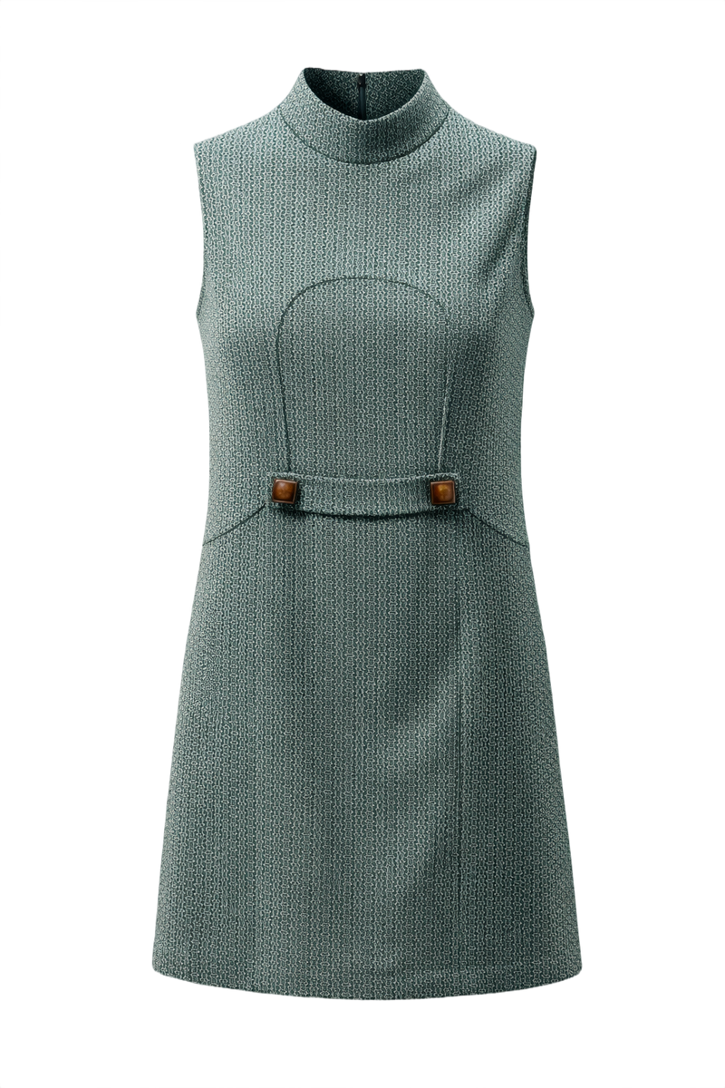 1960s Teal Polyester Shift Dress - Front View