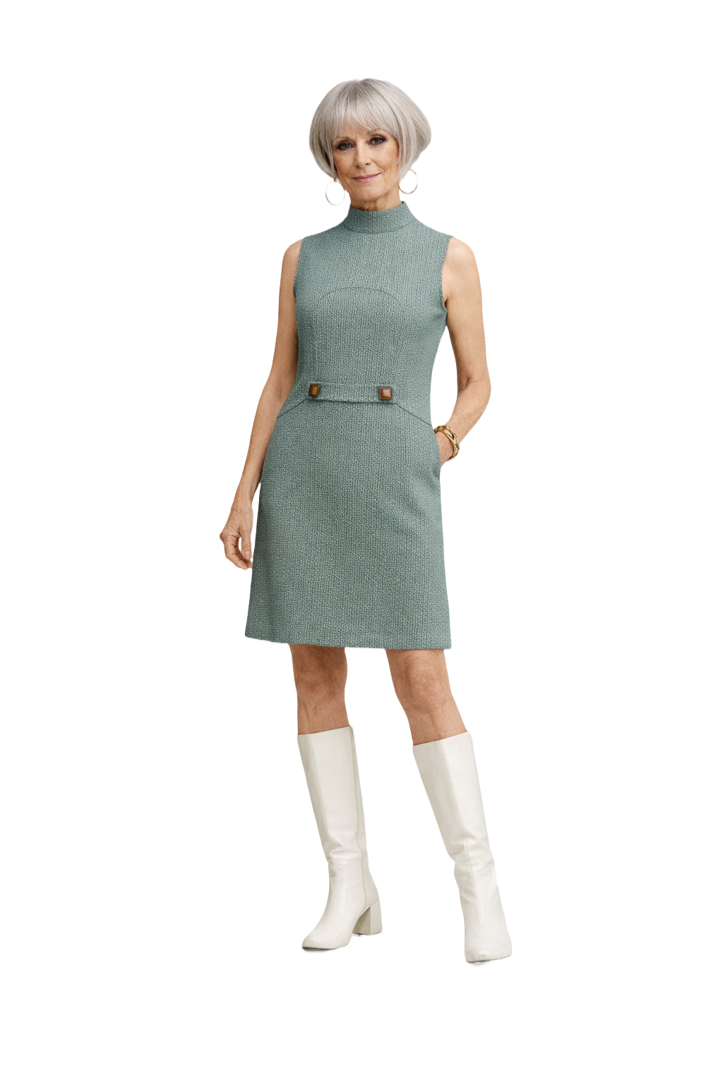 1960s Teal Polyester Shift Dress - Model