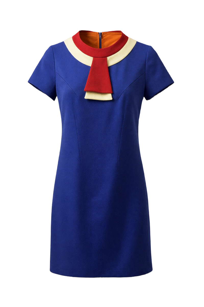 1960s Royal Blue Polyester Shift Dress - Front View