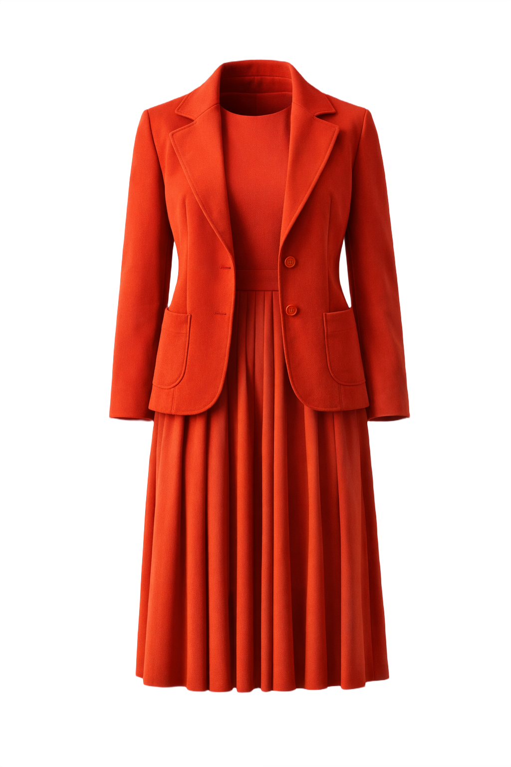 1960s Vibrant Red Polyester Blend Blazer and Dress Set - Front View