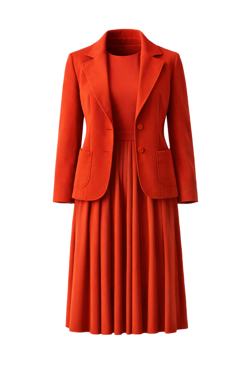 1960s Vibrant Red Polyester Blend Blazer and Dress Set - Front View