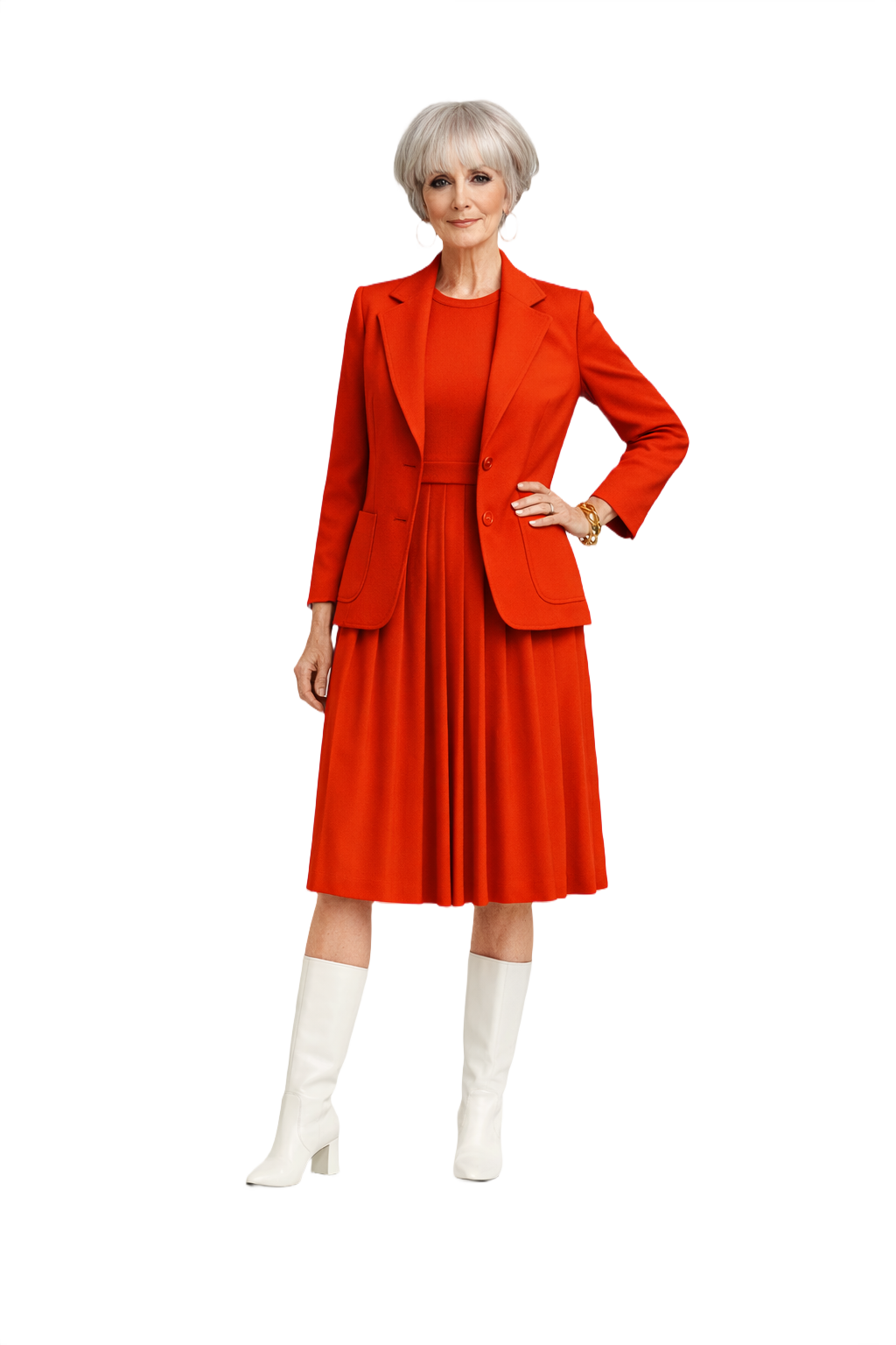1960s Vibrant Red Polyester Blend Blazer and Dress Set - Model