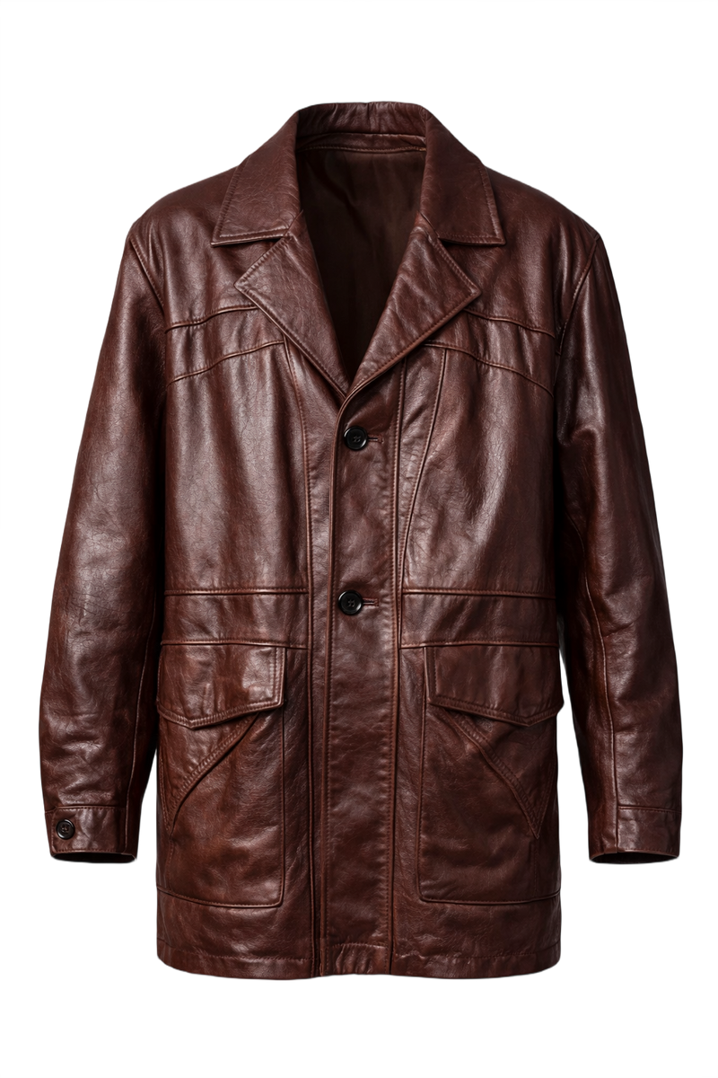1980s Brown Leather Coat - Front View