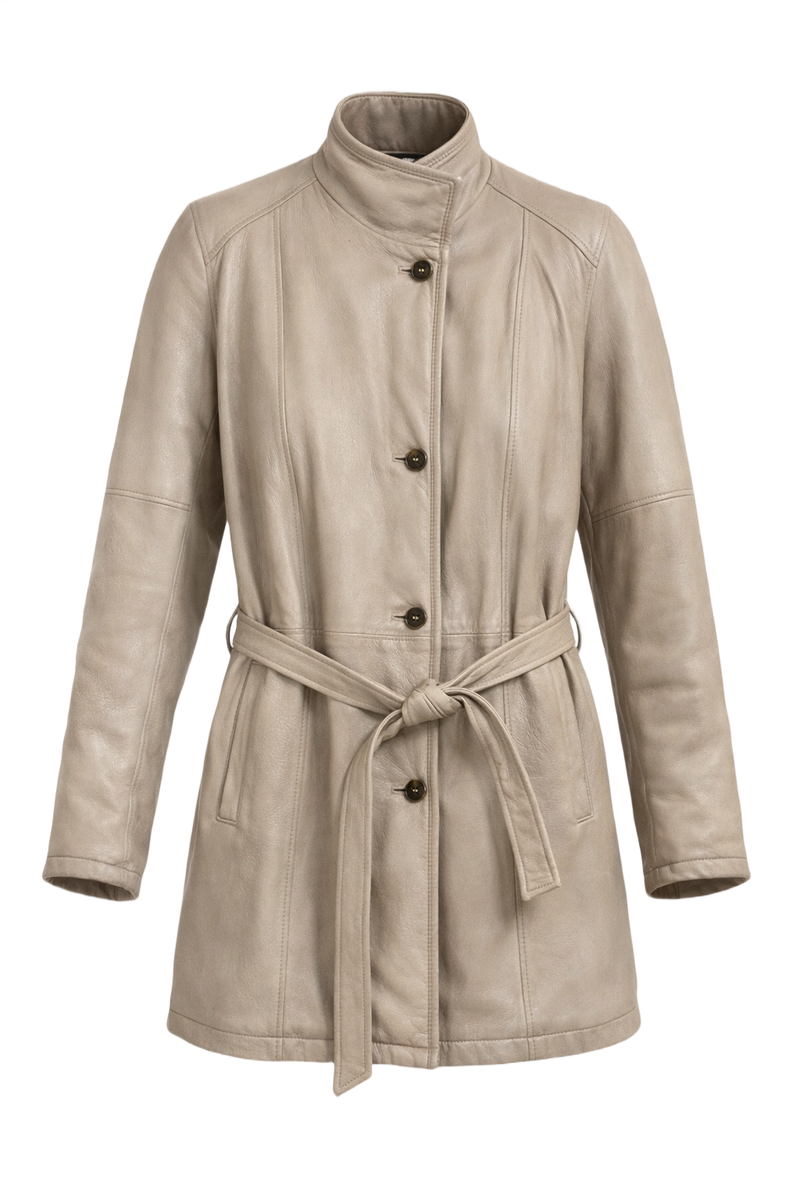 1980s Beige Leather Coat - Front View
