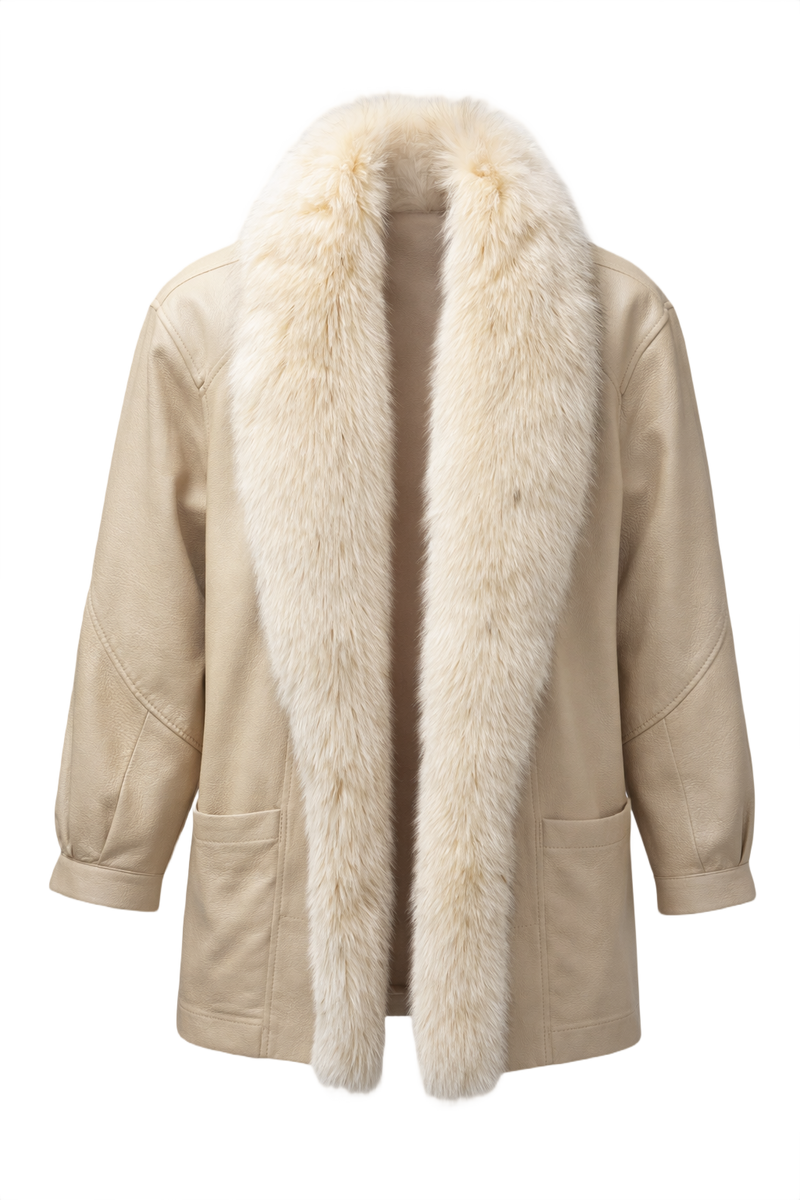 1980s Beige Leather Coat - Front View