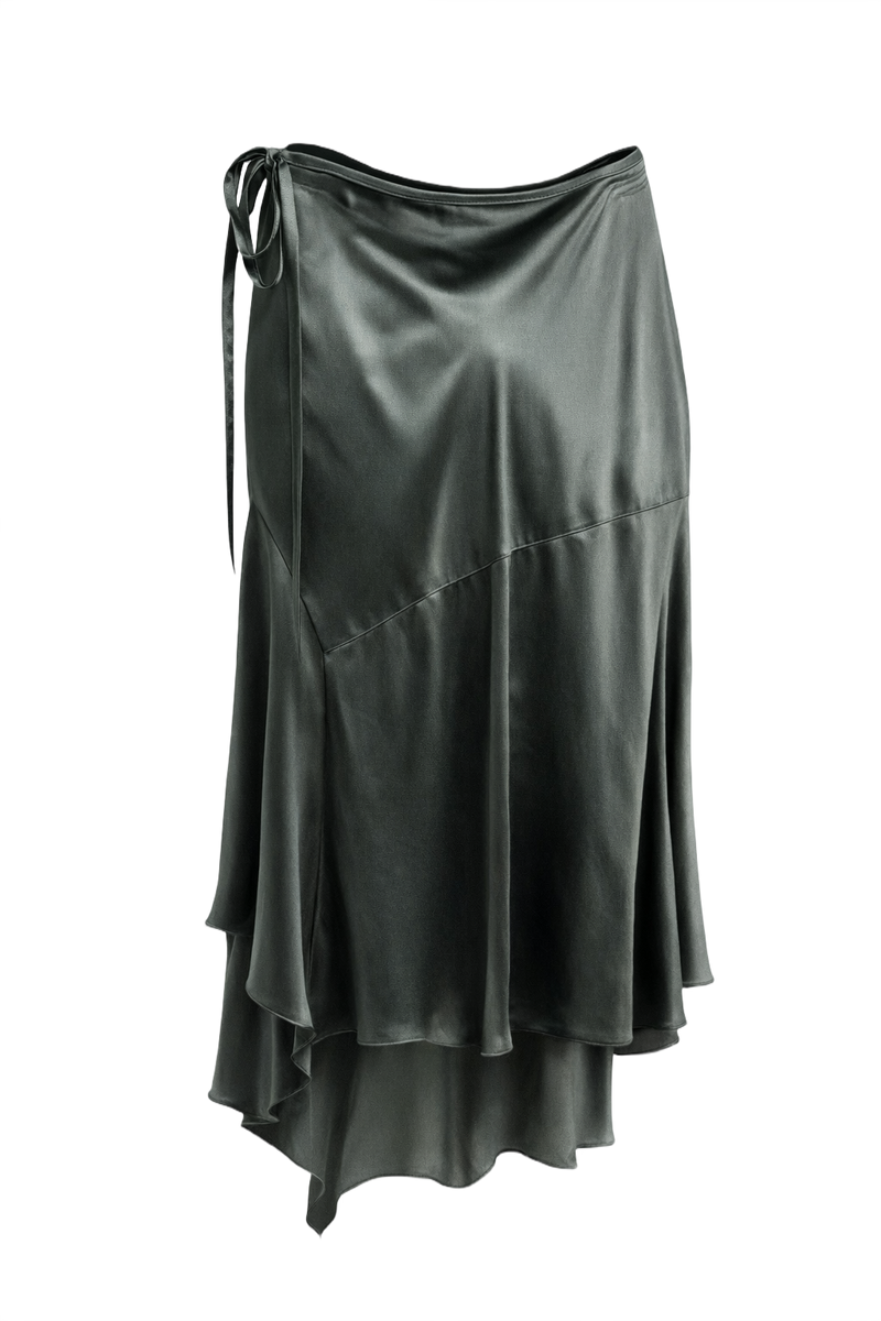 1990s Dark Green Satin Skirt - Front View