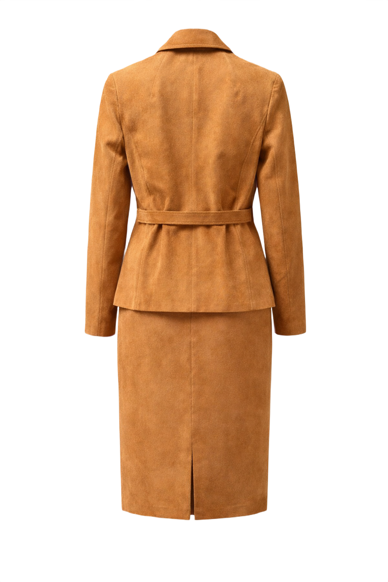 1960s Caramel Brown Suede Blazer and Skirt Set - Back View