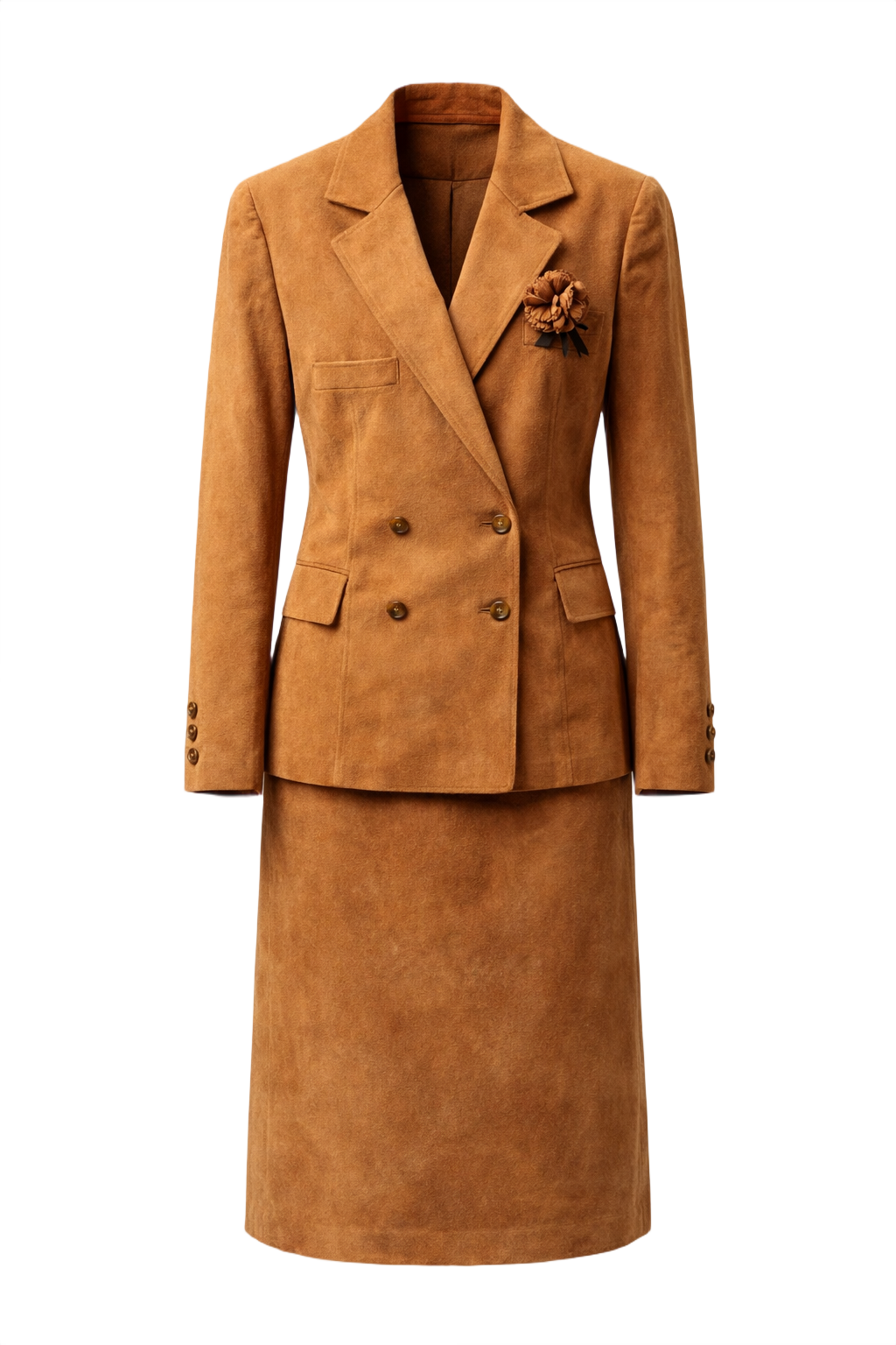 1960s Caramel Brown Suede Blazer and Skirt Set - Front View
