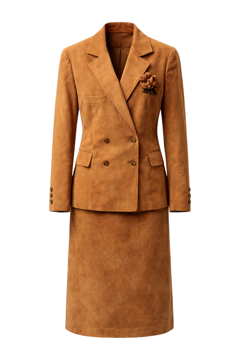 1960s Caramel Brown Suede Blazer and Skirt Set - Front View