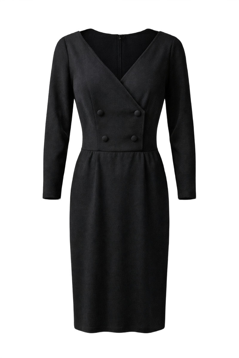 1970s Black Wool Blend Dress - Front View