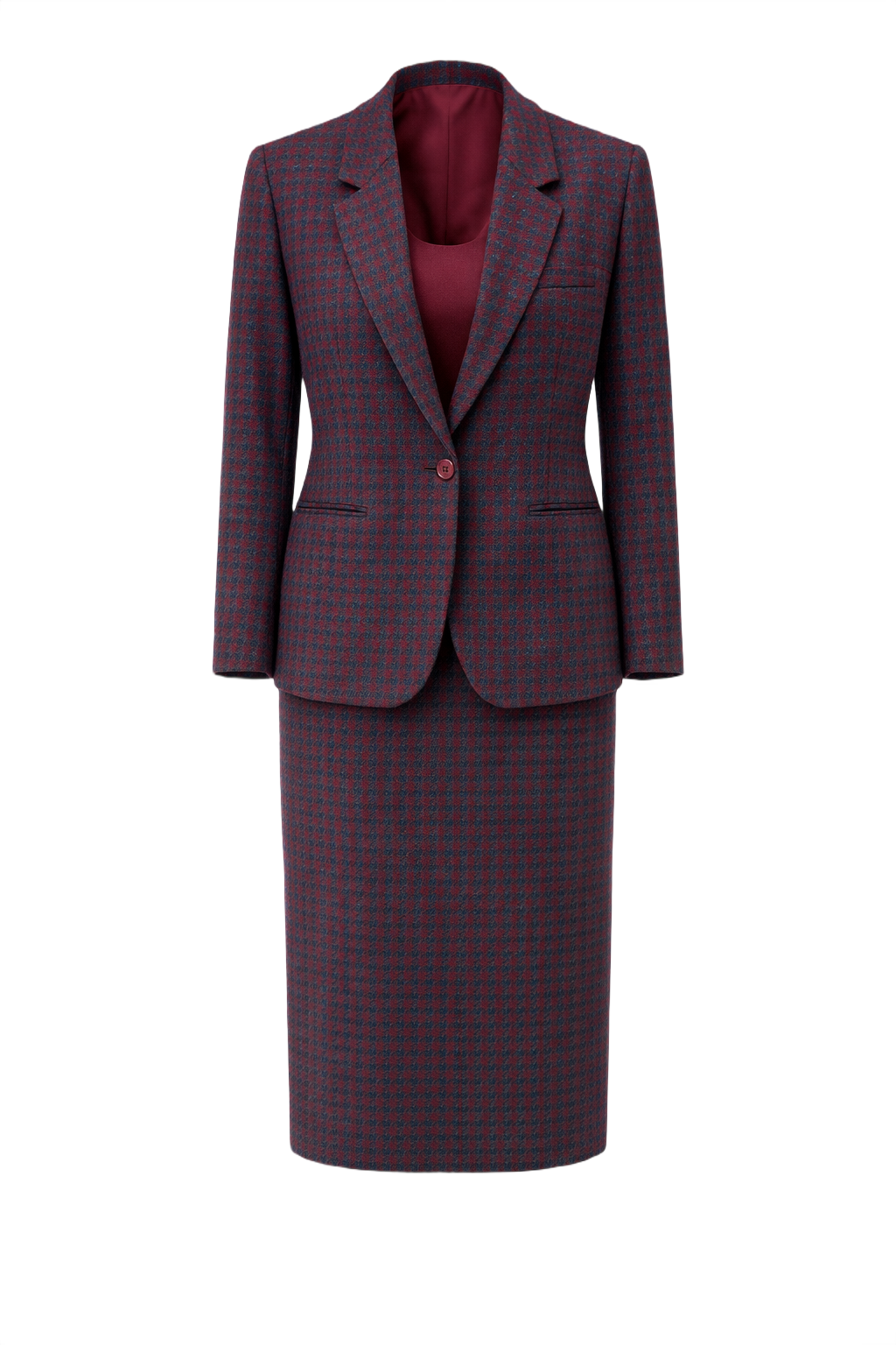 1960s Deep Burgundy and Dark Teal Wool Blazer and Skirt Set - Front View
