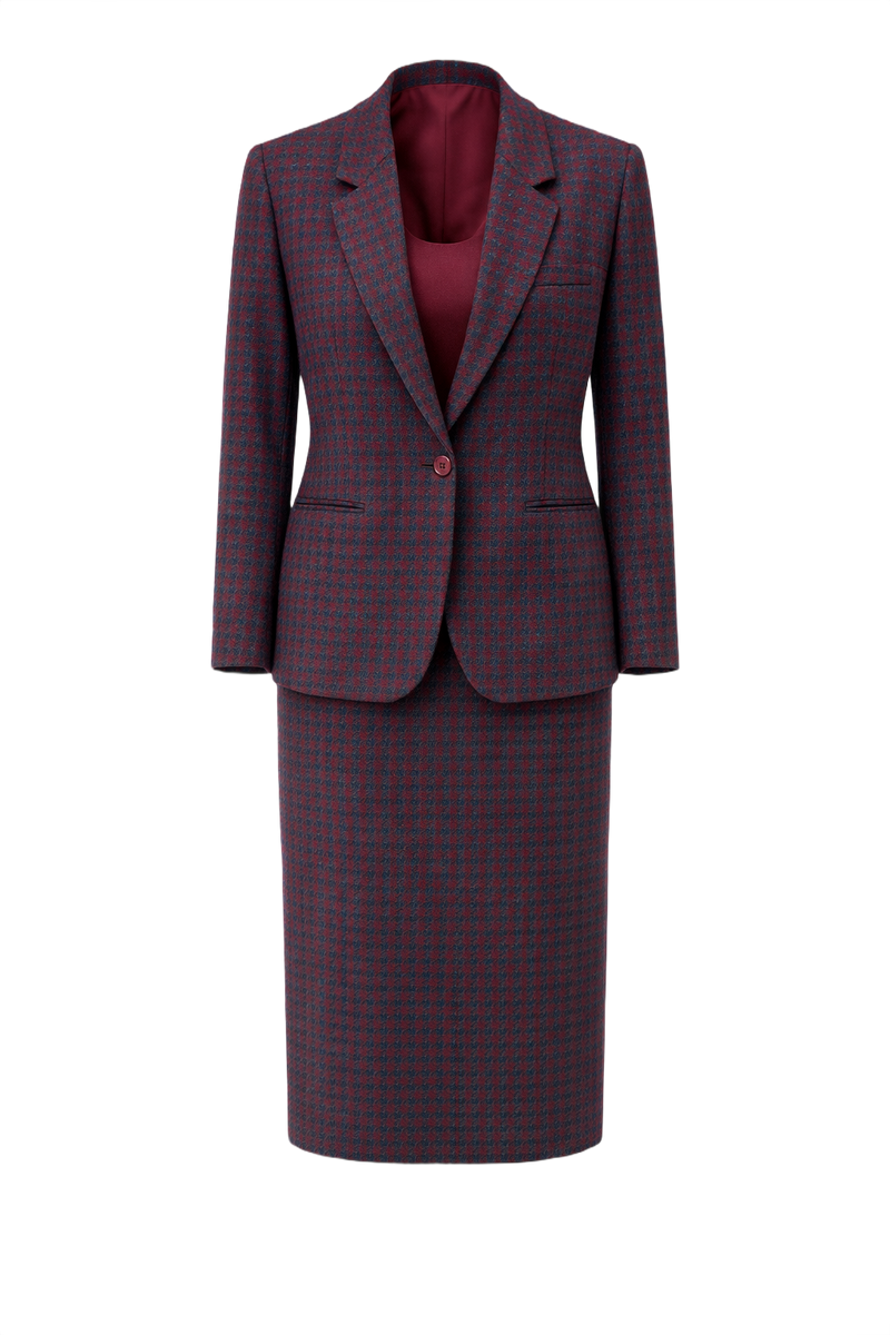 1960s Deep Burgundy and Dark Teal Wool Blazer and Skirt Set - Front View