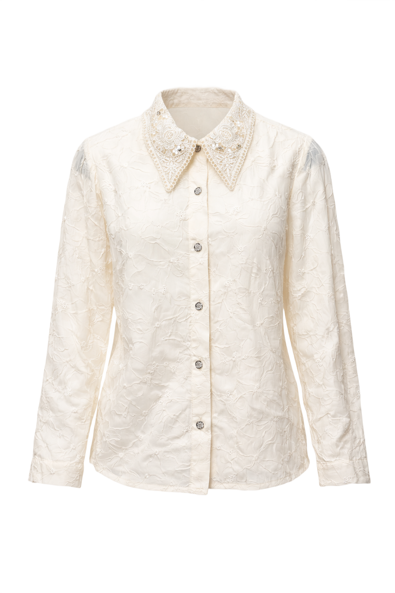 1980s Cream White Textured Blouse - Front View