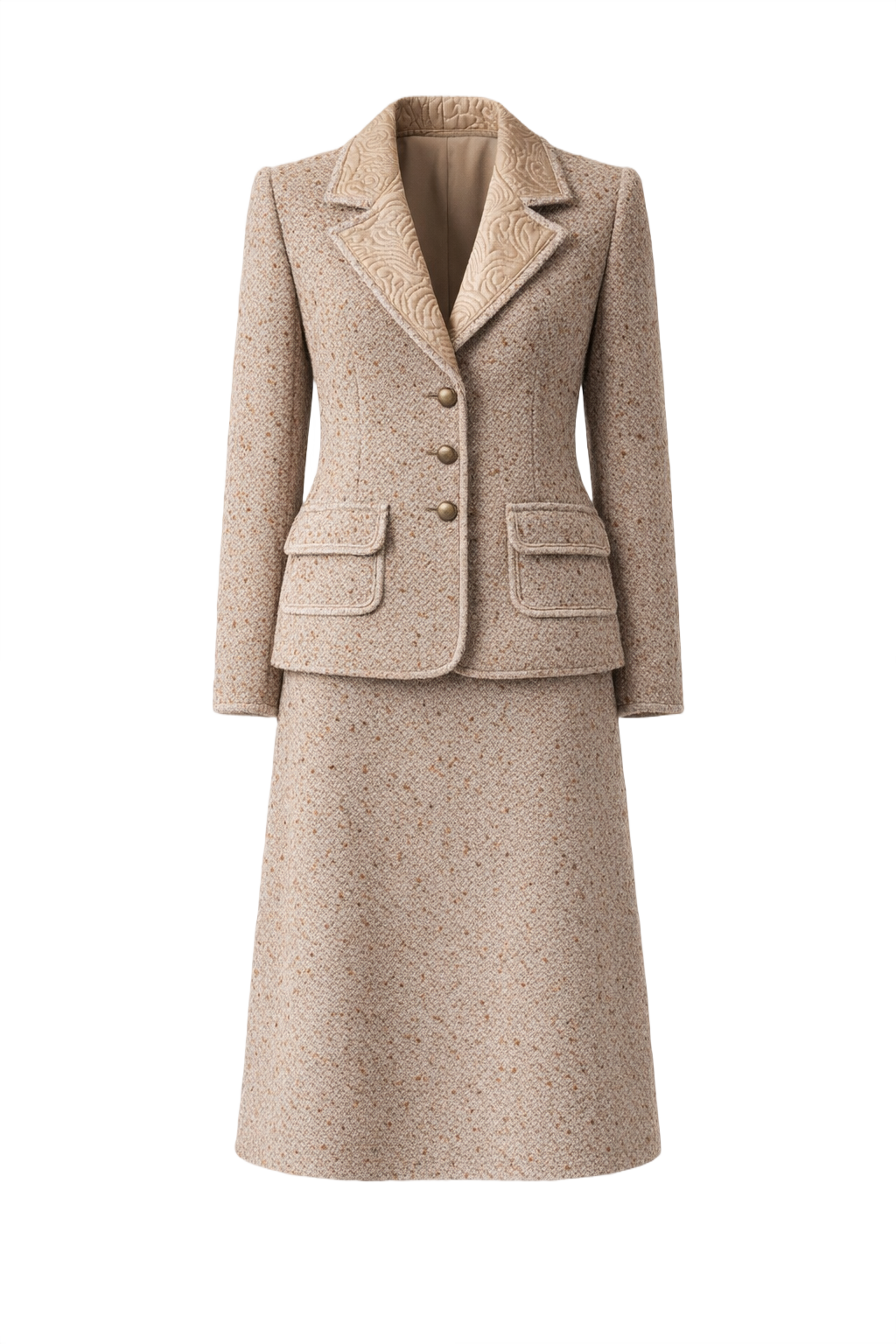 1980s Beige Wool Blazer and Skirt Set - Front View
