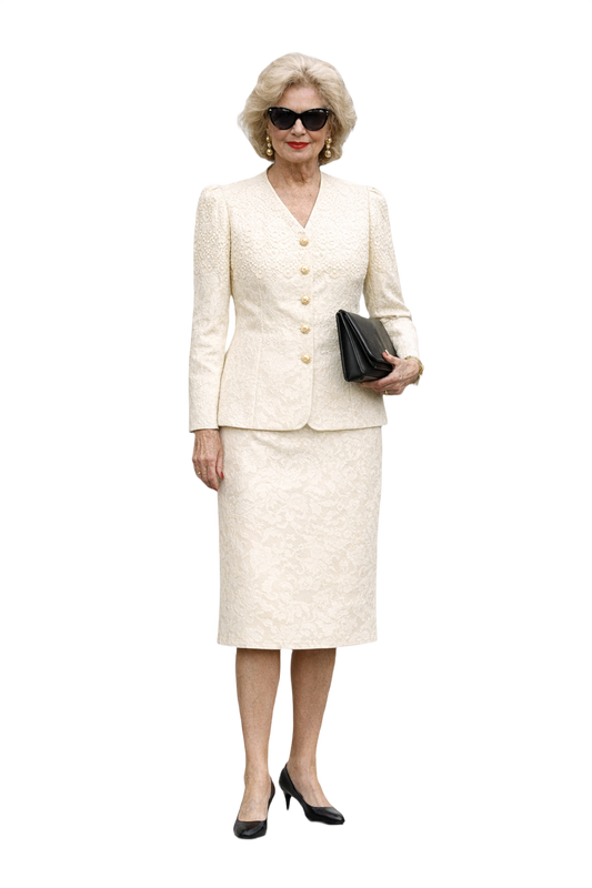 1980s Cream White Brocade 2-Piece Set - Model