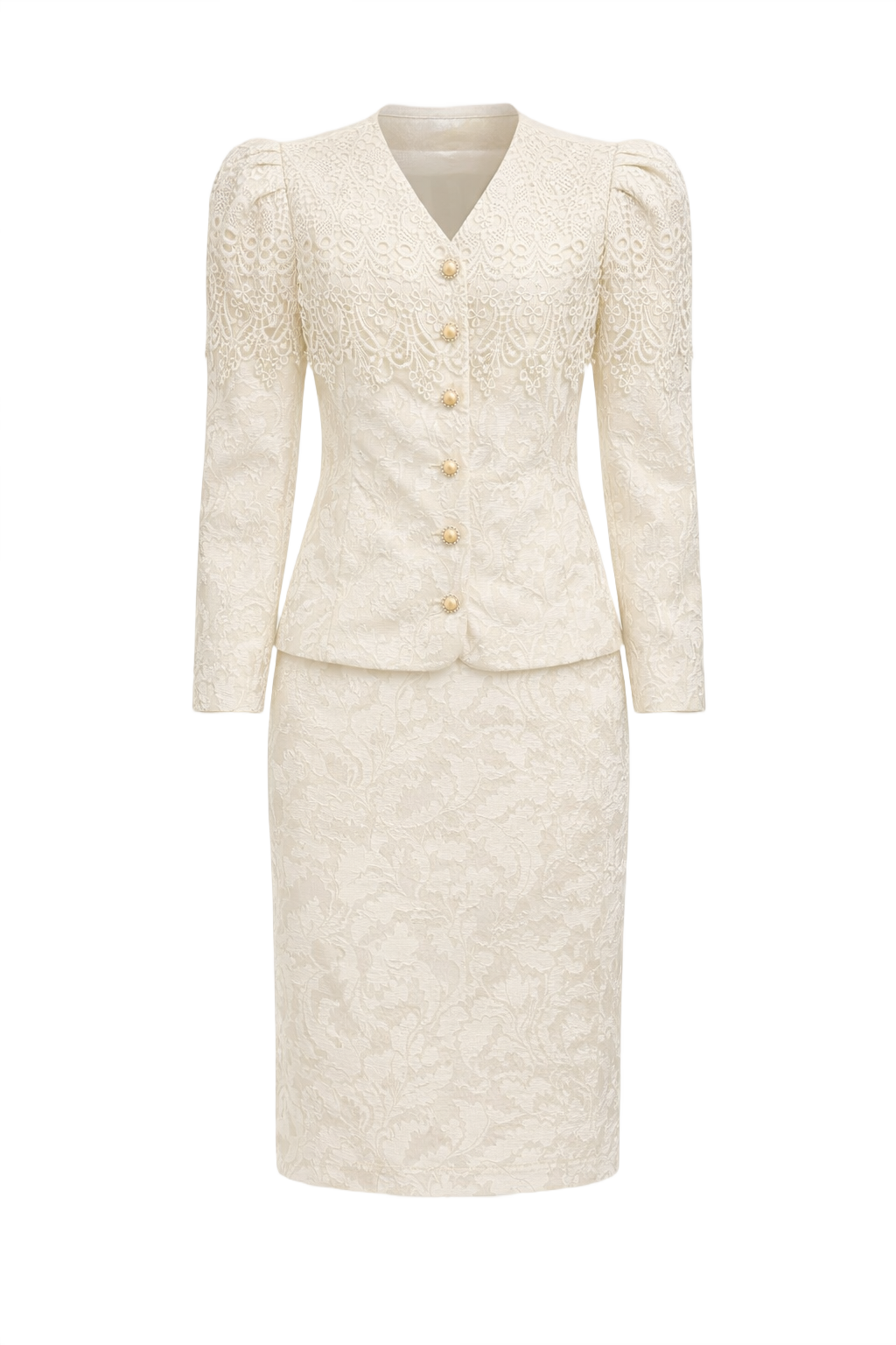1980s Cream White Brocade 2-Piece Set - Front View