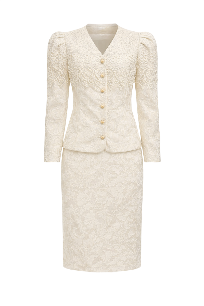 1980s Cream White Brocade 2-Piece Set - Front View