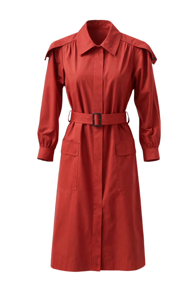 1980s Deep Red Cotton Trench Coat - Front View