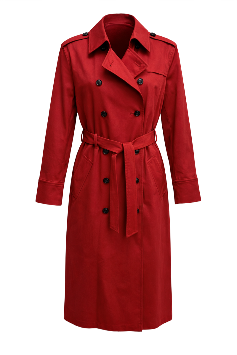 1980s Red Cotton Blend Trench Coat - Front View