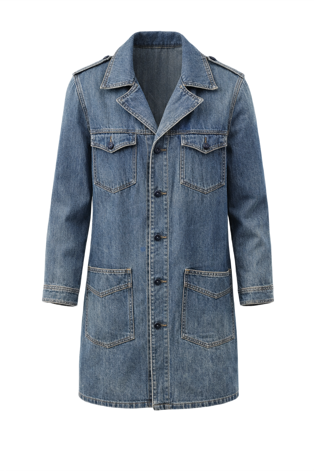 1970s Denim Blue Denim Coat - Front View