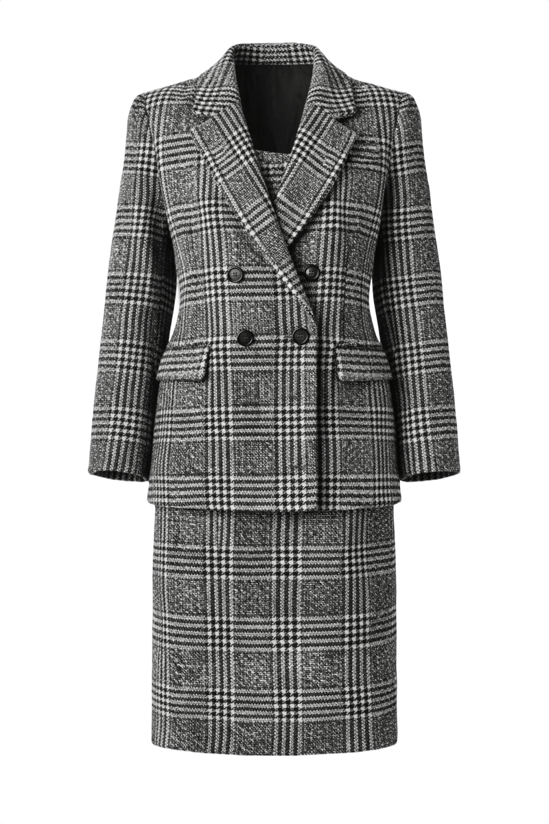 1980s Black and White Wool Blend Skirt Suit - Front View