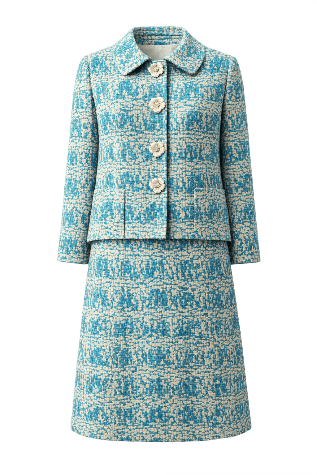 1960s Blue and Cream Woven Fabric Skirt Suit - Front View