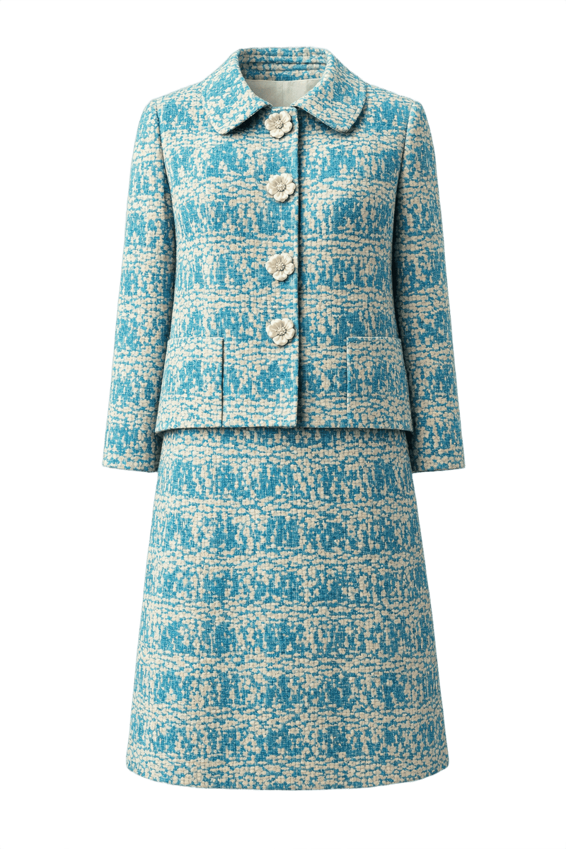 1960s Blue and Cream Woven Fabric Skirt Suit - Front View