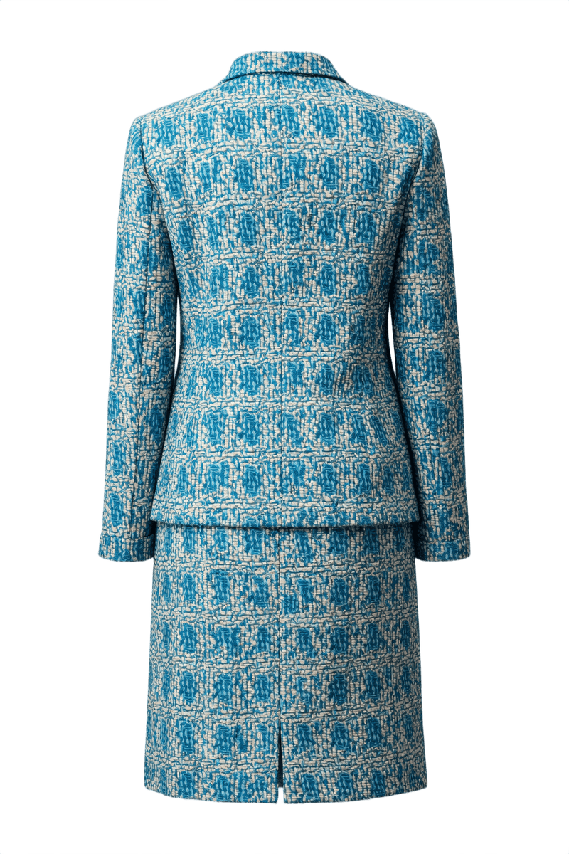 1960s Blue and Cream Woven Fabric Skirt Suit - Back View