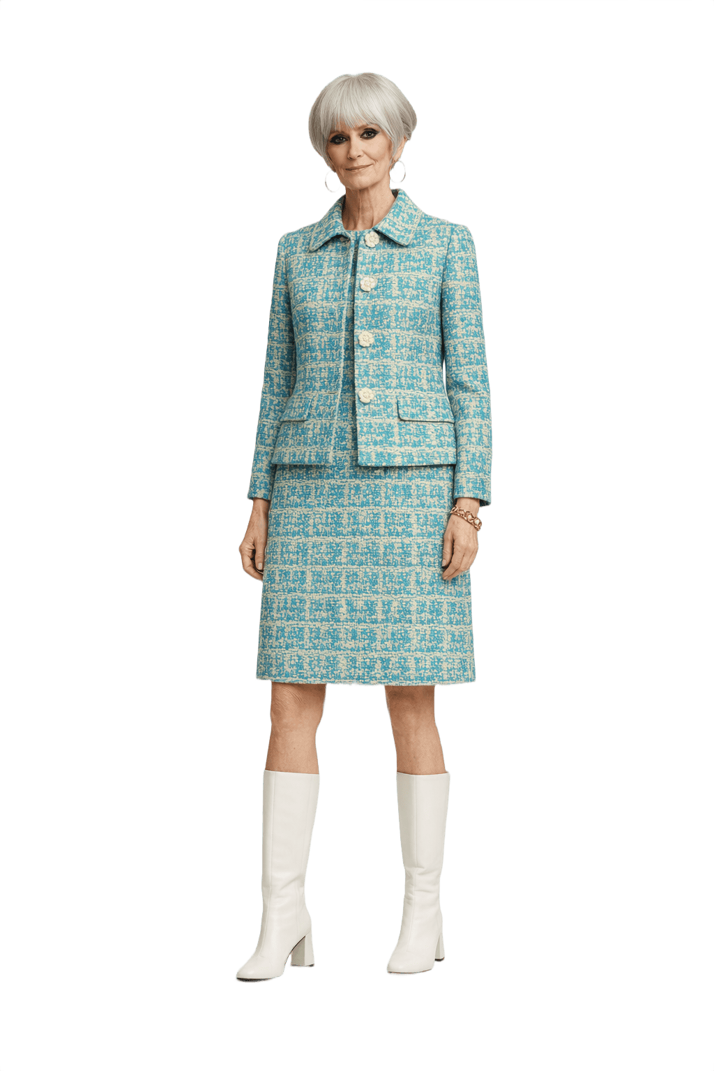 1960s Blue and Cream Woven Fabric Skirt Suit - Model