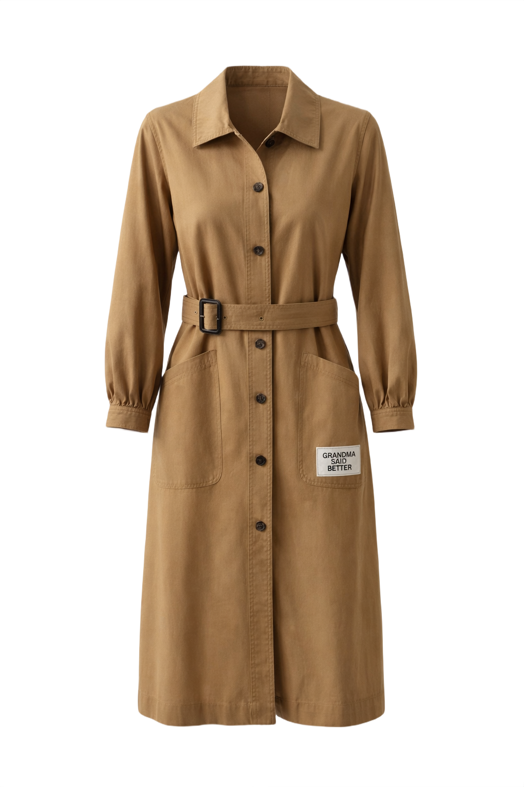1970s Camel Cotton Trench Coat - Front View
