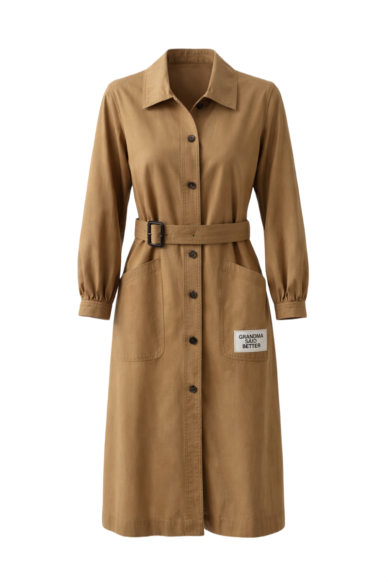 1970s Camel Cotton Trench Coat - Front View
