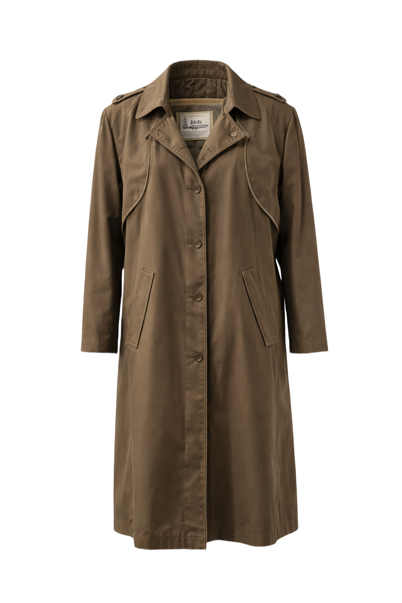 1980s Khaki Brown Cotton Trench Coat - Front View