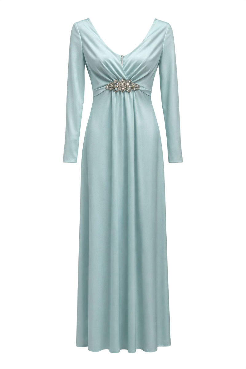 1970s Light Blue Polyester Blend Maxi Dress - Front View
