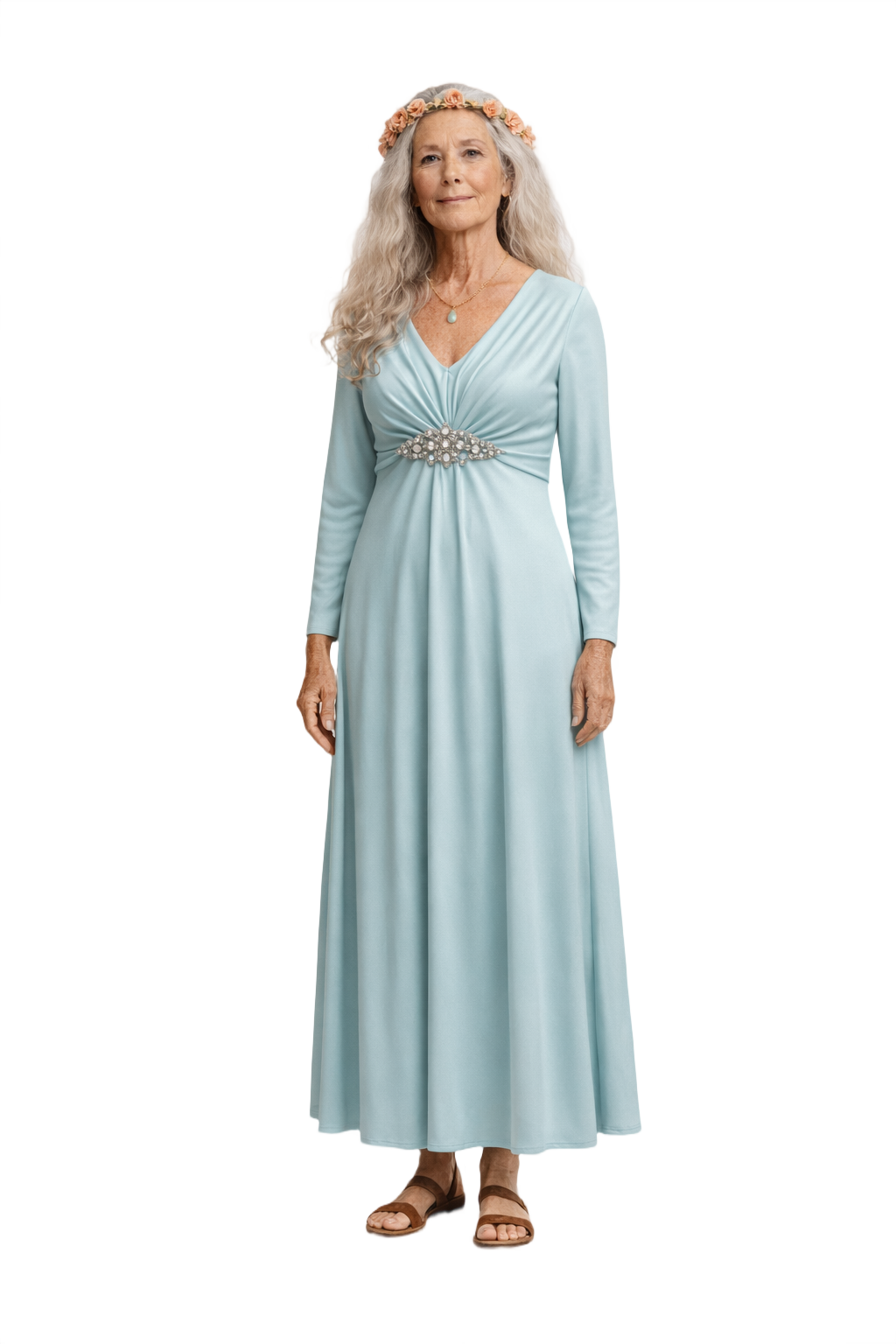 1970s Light Blue Polyester Blend Maxi Dress - Model