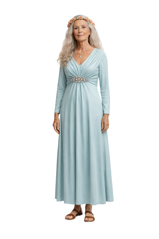 1970s Light Blue Polyester Blend Maxi Dress - Model