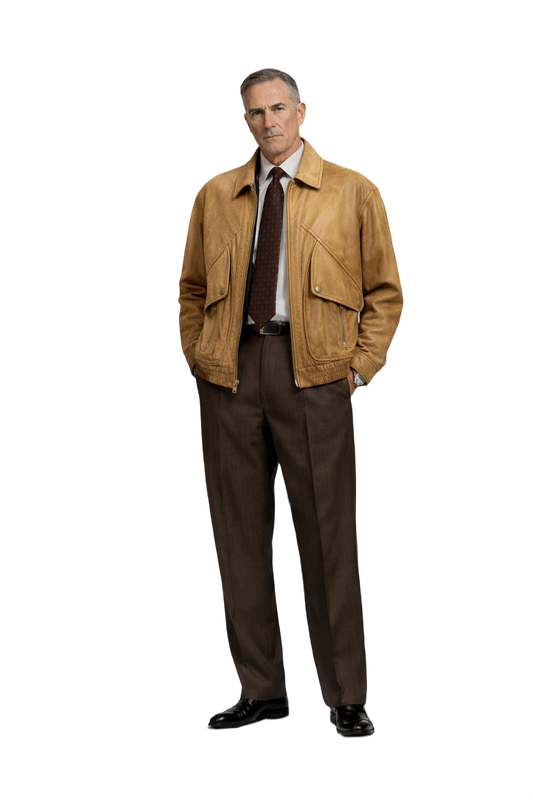 1990s Tan Leather Bomber Jacket - Model