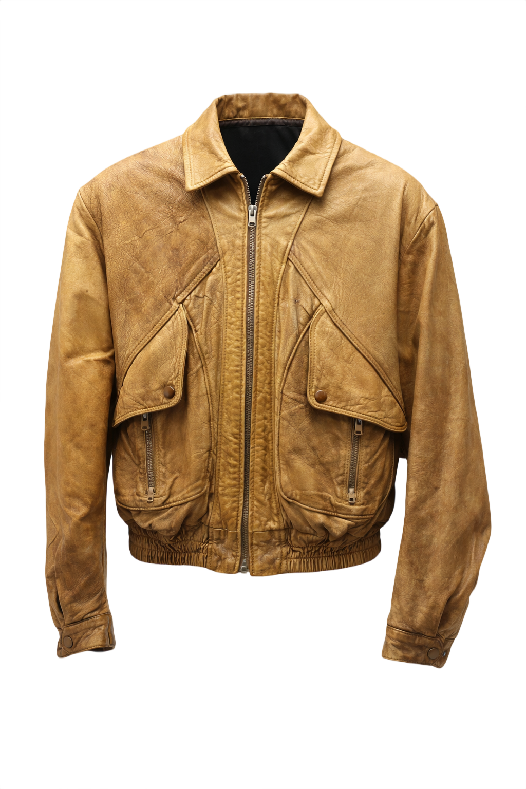 1990s Tan Leather Bomber Jacket - Front View