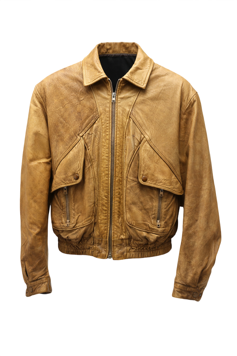 1990s Tan Leather Bomber Jacket - Front View
