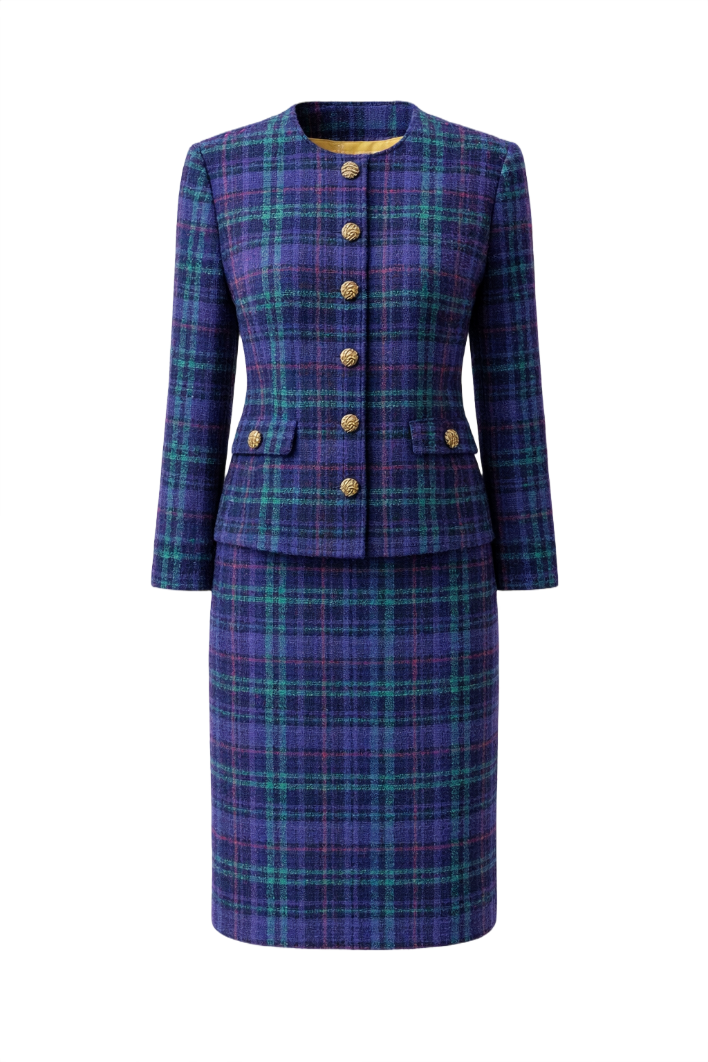 1980s Purple Tartan Wool Blend Two-Piece Set - Front View